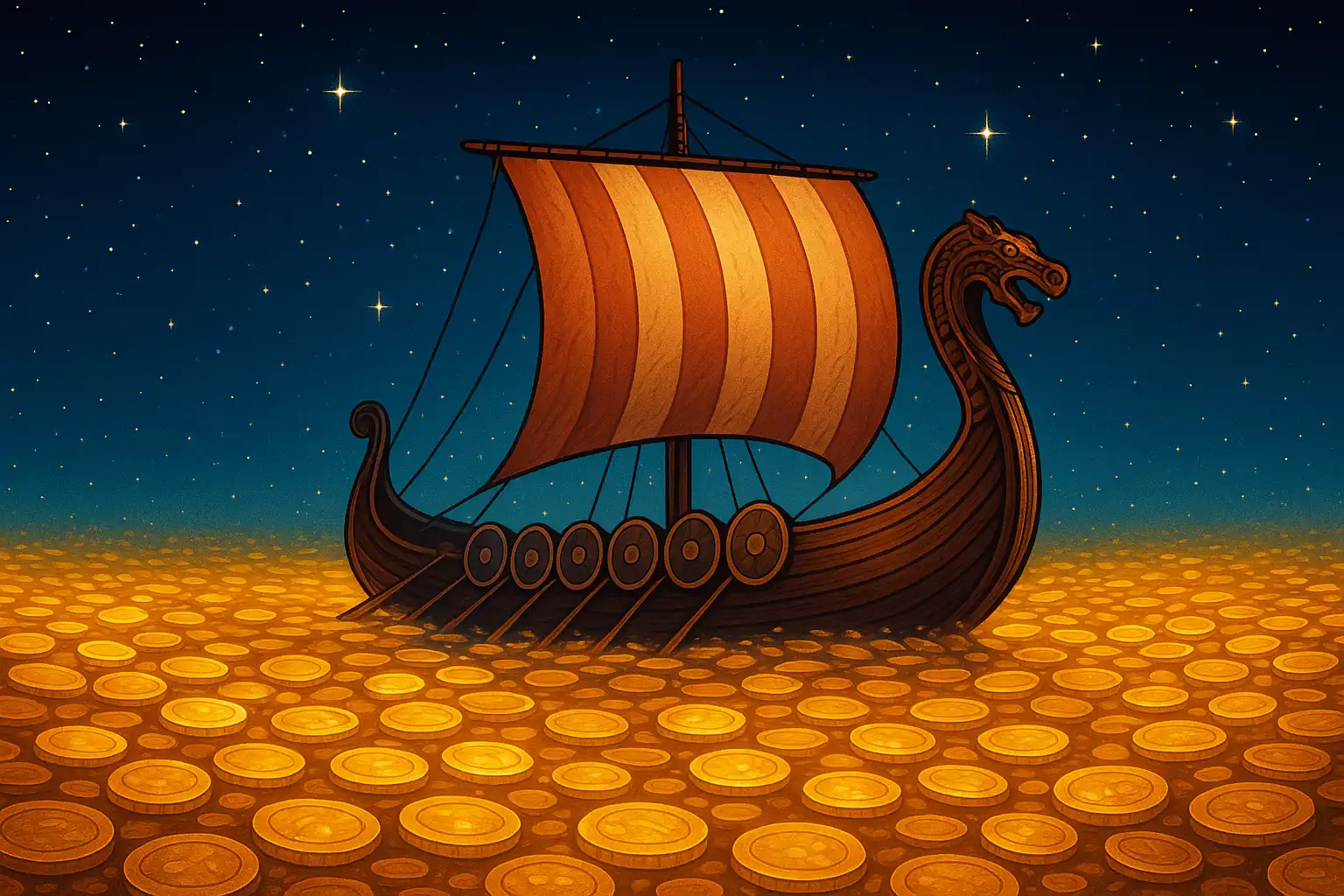 Illustrated Norse longship sailing through a sea of golden coins
