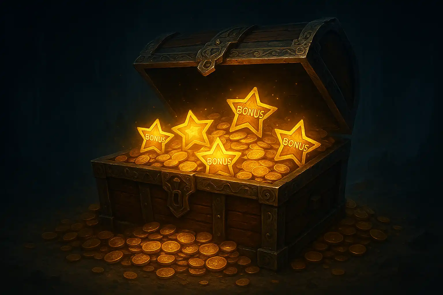 Treasure chest overflowing with gold coins and glowing bonus symbols