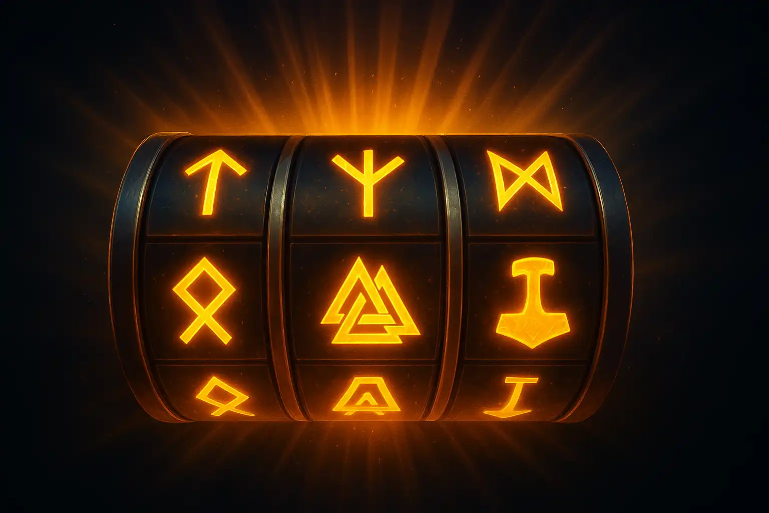 Collection of colourful slot machine reels glowing with gold Norse runes
