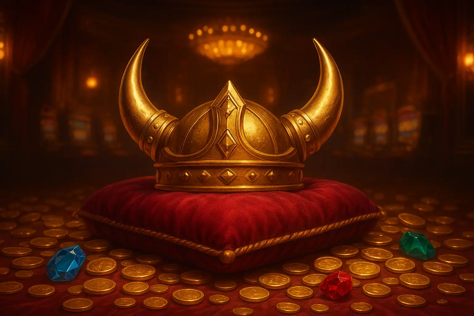 Golden Viking crown resting on a velvet cushion surrounded by coins